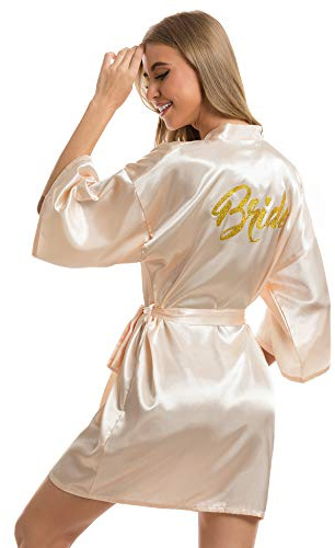 Vlazom Albornoz Novia Boda de Saten, Dama de Honor con Cinturón,Kimono Mujer de Seda Suave y Sexy,M,A - Champn - novia