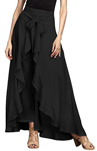 Minetom Jupe Pantalon Large Femme Yoga Taille Haute Jupe Maxi Longue Pantalon Taille Haute avec La Ceinture À Nouer Pantalon Jupe Noir M