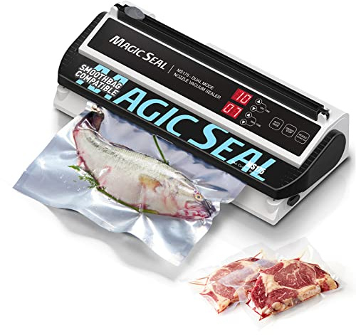 MAGIC SEAL Nozzle Vacuum Sealer Machine for Mylar bags & Smooth Flat Bags - 220W Food Sealer with Adjustable Air & Seal Settings, Auto/Manual Modes (Not for Textured) -MS175