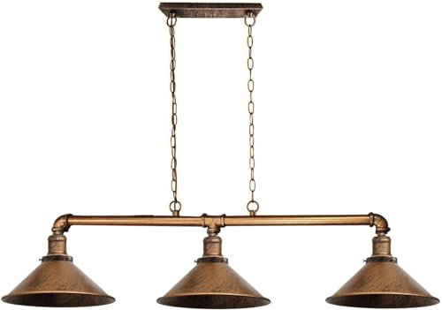 LEDSone Industrial 3 Way Pipe Pendant Lamp E27 Lamp Holder Metal Shade Ceiling Light Fixture with 95cm Adjustable Hanging Chandelier for Dining Room, Kitchen Island, Bar (Brushed Copper - Cone Shade)
