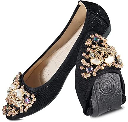 MACHSWON Escarpins pliables pour femme - Ballerines pliables avec de beaux strass portables à enfiler, Noir , 37 EU