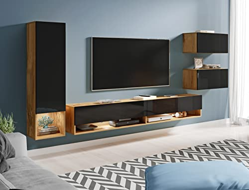 PIASKI Conjunto de Muebles de salón Amadeo, iluminación LED Opcional, Juego de Muebles de salón, Distintos Colores, Mueble Colgantes (Wotan/Negro Brillo, con iluminación LED)