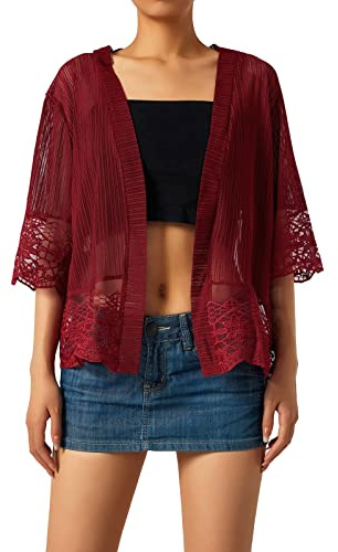 Edhomenn Women Sheer Shrug Cardigan Short Sleeve Solid Color Lace Patchwork Lightweight Knit Shrugs Ladies Bolero Cardigans