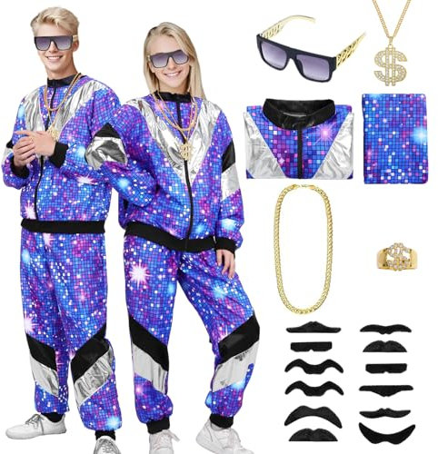Antsparty Shell Suit Costume for Men Women, 1980s Tracksuit with Accessories, Retro Disco Outfit for Party