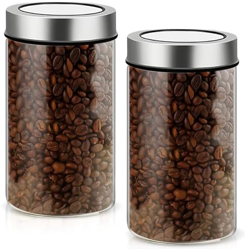 Marque Boîtes À Café Hermétiques : Ensemble De 2, 800ml, Verre Borosilicate-Acier Inoxydable, Avec Couvercle À Vide, Idéal Pour Grains De Café & Thé (90 * 160 mm)