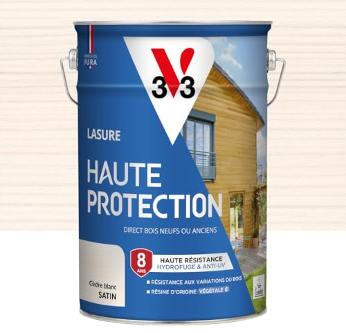 V33 Lasure Bois extérieur Cèdre blanc satin - Haute Protection 8 ans - Haute résistance hydrofuge et anti-UV - Résiste aux variations du bois - Ecolabel, résine d'origine végétale - 5L