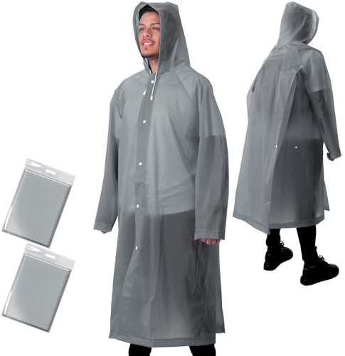 ANYOO 2 Stück Unisex Regenponcho mit Ärmeln, Lang Regenmantel Regenjacke mit Kapuze und Zusätzlichem Platz für den Rucksack zum Wandern, Festival, Radfahren, Camping, Grau, Einheitsgröße