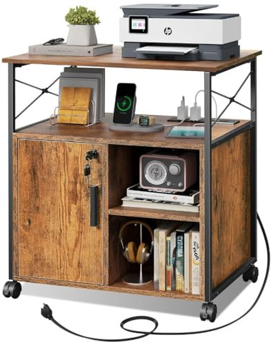 DEVAISE Druckertisch mit Ladestation, Rollcontainer mit Rollen und offenen Ablagen, Druckerschrank abschließbar für Büro und Home Office, Retro Braun