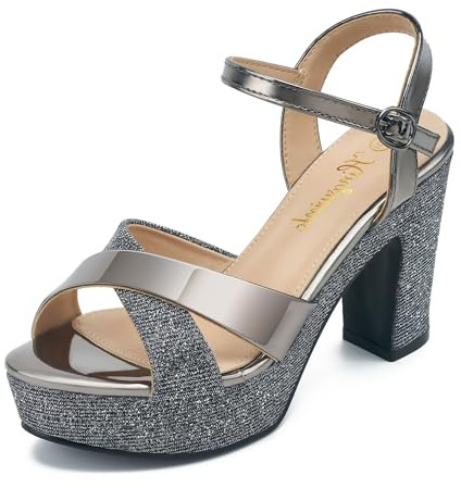 hingswink Sandali da donna con plateau scintillanti, tacco a blocco, tacco alto 9,6 cm, punta aperta con cinturino, comodi, sexy, eleganti, per balli, matrimoni, feste, serate, peltro, 37 EU