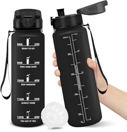 Trinkflasche, 500ML BPA-Frei, Wasserflasche, Auslaufsicheres Schlossdesign, Trinkflaschen, Mit Zeitstempel, Trinkflasche Kinder Auslaufsicher für Schule, Yoga, Camping Wasserflasche Kinder - Schwarz