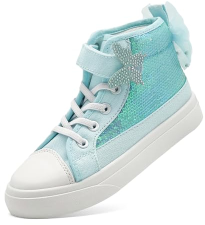 sharllen Filles Trainers Enfants Haut Top Chaussures en Toile Paillettes Glitter Bowknot Pompes Facile Fixer Légères Chaussures de Sport Casual(Light Blue 220)