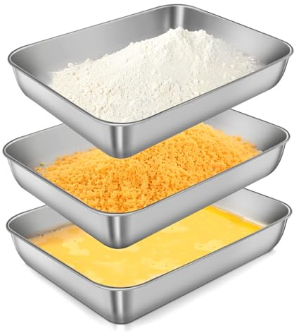 CPENG Panierschalen Set 3 Teilig With Edelstahl Panier-Set, Panierstraße Schnitzel, Edelstahl Schale Rechteckig, Schale zum Panieren für Fisch, Fleisch und Gemüse（25 x 19 x 5 cm）
