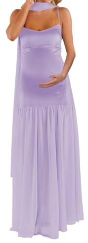 AHERKLL Spagettiremmar rock moderskapsklänning för fotografering med halsduk satin underkläder baby shower graviditetsklänning HAH066, Lila, 48 stor