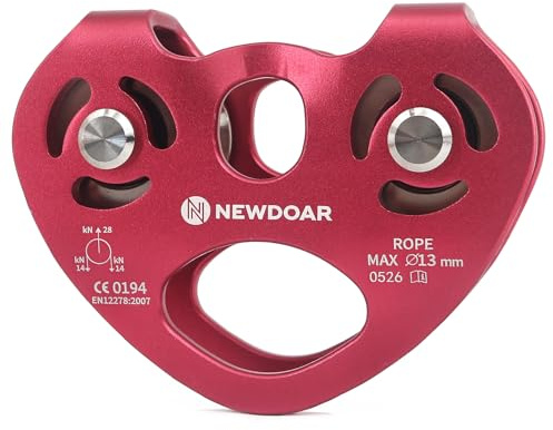 NewDoar Certifié CE 28KN Tandem Double Vitesse Poulie Double Poulie en Forme de Coeur Zip Line Câble de Sauvetage Chariot jusqu'à 13 mm Cordes pour l'escalade, Levage de Sauvetage (Rouge)