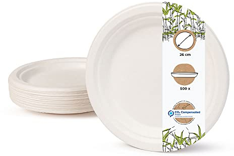 BIOZOYG Vaisselle à base bagasse I 500 pièces d'assiettes du canne de sucre blanche ronds décolorée 26 cm I Bio jetable vaisselle, menu plats et jetable fête assiette