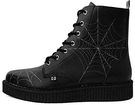 T.U.K. Black TUKskin Spiderweb Glow Creeper Boots for Men & Women, 7 Eye Pointed Lace Up Boot US 9 Women/7 Men