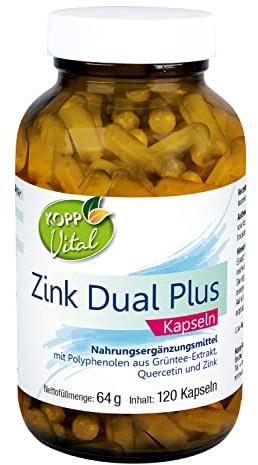 KOPP Vital® Zink Dual Plus Kapseln | 64 g | 1 x 120 Kapseln | Vegan | mit Grüntee-Extrakt | Glutenfrei | Laktosefrei | Apothekenqualität