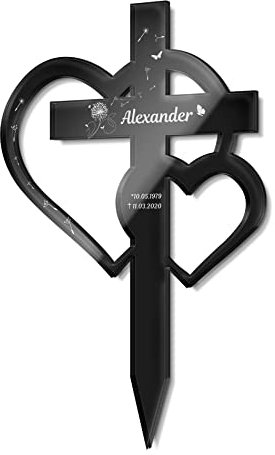 Großes Grabkreuz mit Gravur aus Hochglanz Acrylglas - Grabstecker Kreuz als wetterfester Grabschmuck mit Gravur - Grabdeko für Urnengrab Grab - schöne Trauer Deko Friedhof (Mit Motiven)