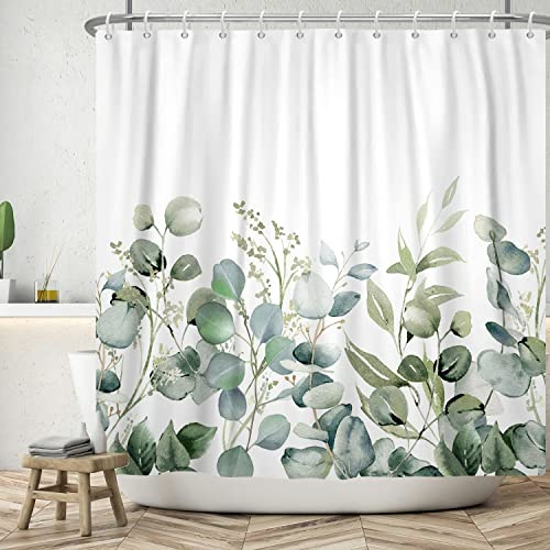 MIRRORANG eukalyptusblad duschdraperi, gröna blad växt badrumsgardiner med 12 krokar, vattentätt mögel- och mögelbeständigt polyestertyg tvättbart duschdraperi (180 x 180 cm)