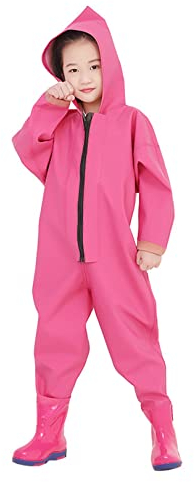 HWBZSZY Kinder Ganze Körper Wathose Anglerhose mit Gummi Stiefel Outdoor Aktivitäten PVC/Nylon Regen Hosen + wasserdichte Bootfoot Einteiliger Regenmantel für Mädchen Jungen,Rosa,35 EU
