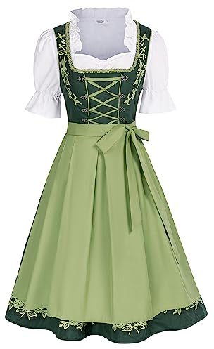 Jasambac Dirndl-dräkt i 3-delar för Oktoberfest, traditionell klänning för karneval, festdräkt, Armégrön, XL