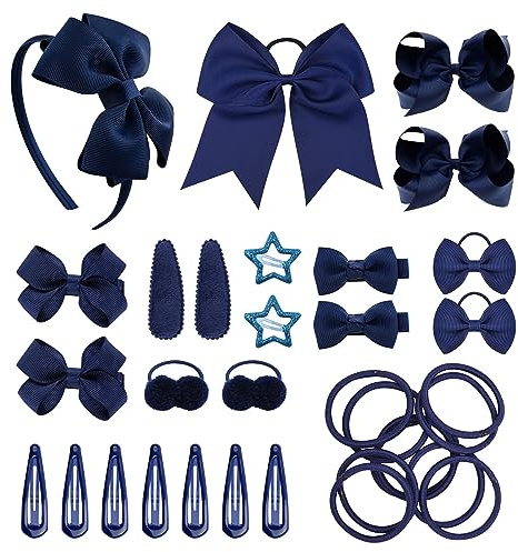 SKHAOVS 33 Pièces Bleu Barrettes Enfant Barrettes à Cheveux Grands Arcs Cheveux Pinces à Cheveux Fille Noeud Papillon Accessoires de Cheveux pour Filles Bowknot Barrettes Femme Bébés(Bleu)