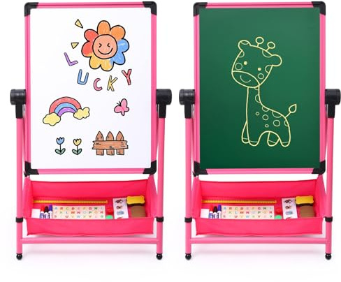 Tableau Enfant Double Face fer Chevalet Rotatif 360°, Hauteur Réglable – Outil de Dessin en Craie et Blanc avec Accessoires, Pliable sur Pied (rose)