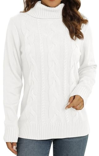 QIXING Women's Jumper Turtle Neck Cable Knit Ribbed Sweater Long Sleeve Tops for Women UK Chunky Knit Ladies Pullover(White, XL)