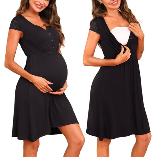 Nieery moderskap amning nattlinne knapp amning nattkläder mjuk spets amning nattlinne bomull myskläder v-hals moderskap pyjamas nattskjorta för gravid