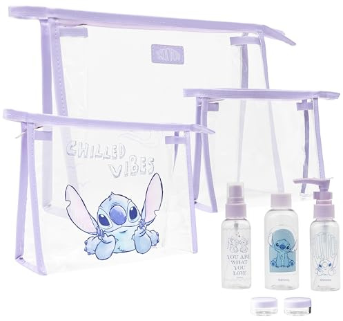 Disney Stitch Toiletry Bag Set Zipped Wash Bag Make Up Bag Travel Essentials Options with Refillable Travel Bottles for Toiletries Holiday Essentials Gym Travel (Lilac Stitch 8 Pcs)