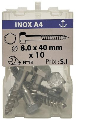 10 vis à bois 8 x 40mm tête hexagonale inox A4 - Vissal