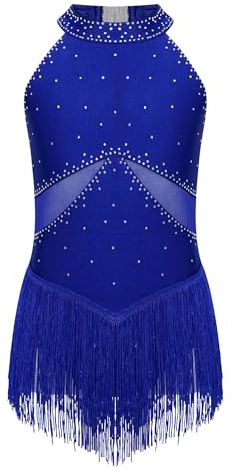iiniim Vestido de Patinaje sobre Hielo para Niñas Maillot Baile Latino con Flecos y Brillante Pedrería Leotardo Gimnasia sin Mangas Vestido de Baile Salsa Cha Cha