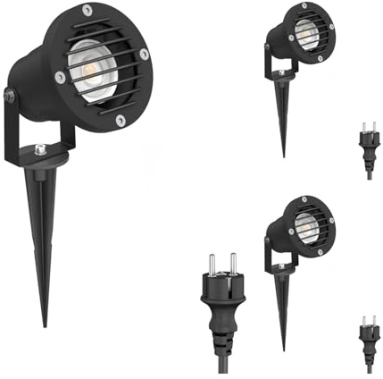 ledscom.de Foco de jardín DUK de 3 LEDs, rejilla, con piqueta de tierra para exteriores, negro, IP65, incl. lámpara GU10 (blanco cálido, 7,6W, 1103lm, 33°)