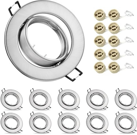 10x Modern GU10 Downlights for Ceiling, Round Matt Brushed Metal Frame for Recessed Ceiling Lights, Tilt Swivel Spotlight with Lamp Holders, Outer Diameter: 90mm, Cutout Ø65-80mm (Bulbs not Included)