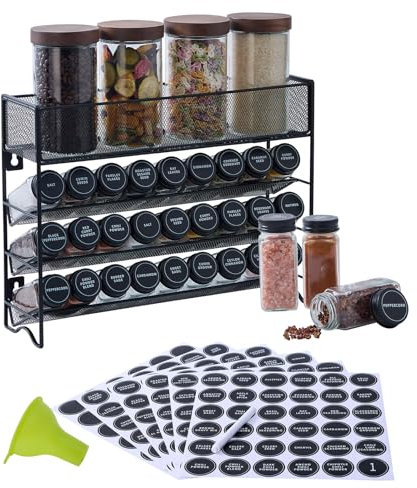 Fiwence Spice Rack Organizer with 27 Spice Jars with Black Lids, Funnel, Spice Labels, Pen, Seasoning Organizer for Cabinet, Countertop, Pantry, Kitchen,Cupboard or Door & Wall Mount