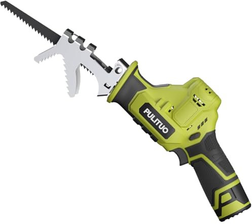 Sierra Sable Inalámbrica,PULITUO 12V Sierra Alternativa con velocidad variable 0-2700RPM,Verde sierra recíproca kit,2 * 2.0Ah Batería& Cargador Rápido,4 Hojas de Sierra Para Cortar Madera y Metal