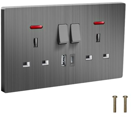 EINNO Double Switched Wall Outlets with USB C and A, 13 Amp, Brushed Grey