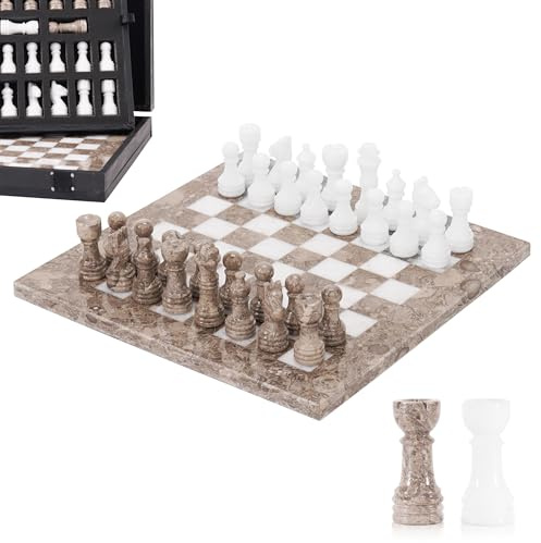Ensemble d'échecs de qualité supérieure fabriqué à la main en marbre blanc et océanique de 25,4 cm – Planche avec 32 pièces + 2 reines supplémentaires et boîte de rangement, jeu d'échecs de voyage de