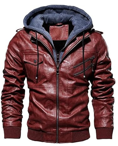 Skinnjacka för män, läderjacka för avslappnad motorcykel för höst och vinter, läderjacka med huva, falsk tvådelad,Red-XL