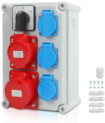 Joparri Distributore a Parete Con 3 Prese Schuko 16 A, 230 V, 1 CEE 16 A, 5P, 1 CEE 32 A, 5P e Interruttore L-0-P, Per Cantieri