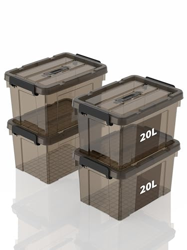 SpaceXpert Cajas de Almacenamiento de Plástico con Tapa y Asa 20L, Contenedor Apilable Resistente para Hogar, Oficina y Garaje, Fácil Transporte, Transparente Marrón Polipropileno, 20L (Paquete de 4)