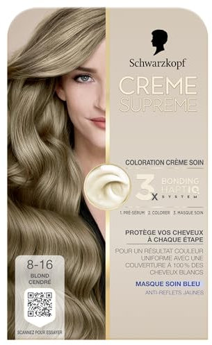 Creme Supreme - Schwarzkopf - Coloration Permanente- Resultat Couleur Uniforme - Coloration Creme Soin - Bonding - Pre-serum et Masque Soin - Couverture 100% Cheveux Blancs - 8-16 - Blond Cendre