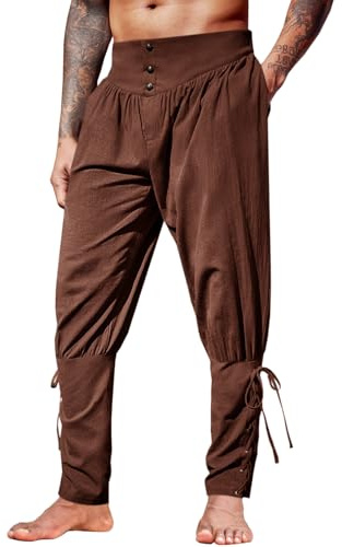 Runcati Pantalones medievales para hombre, estilo vintage, ligeros, de lino, renacentista, vikingo, pirata, monocolor, holgado, para el tiempo libre, cosplay, disfraz, café, M