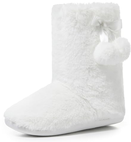 Polar Womens Faux Fur Slipper Boots Memory Foam Indoor Bootie Slipper with Anti-Slip Rubber SoleSoft and Fluffy House Slipper with Cute Pompoms Ankle Boot Slippers - White - UK6