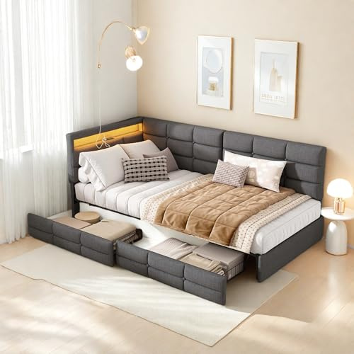 DAHUEN Canapé d'angle 90×200 avec Rangement 2 Tiroirs, Canapé en Tissu avec éclairage LED et Port USB, Lit Banquette avec Sommier à Lattes, Se transforme en lit 1 Personne, Lin (Gris, 90×200cm)