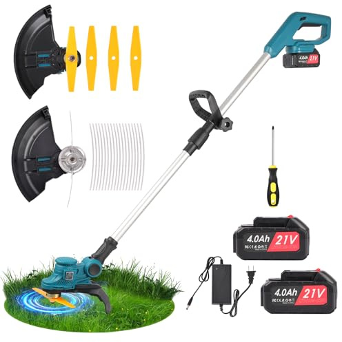Decespugliatore a Batteria 21V, Tagliabordi Elettrico con 2 Batterie 4.0Ah, Testa Regolabile 90°, 20 Filo da Taglio,4 Lame in Plastica, Tagliaerba a Batteria per Giardino