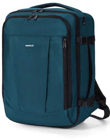 ECOHUB Mochila de Viaje Cabina Avion 40x30x20 Ryanair Con 13 Compartimentos Para Mujer y Hombre, Maleta Debajo del Asiento, Equipaje de Mano 24L, Recicladas, Patentado, Azul Verde