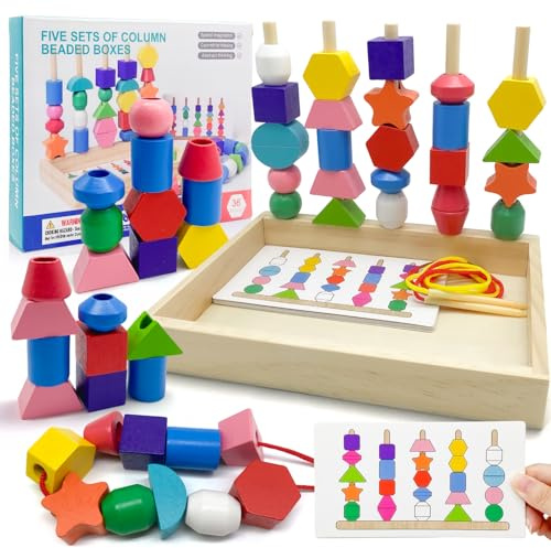 Yeefunjoy Giochi Montessori con Perline di Legno, 3 in 1 Giochi Educativi Legno Ordinamento e Impilamento Giochi, Gioco di infilatura Giocattolo Educativo per Bambini 2 3 4 5 Anno Regalo di Compleanno