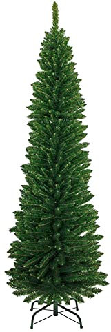 TrendMakers Artificial Christmas Tree Xmas Pine Tree Solid Metal Legs Stand Perfect for Indoor/Outdoor Holiday Decoration | 7FT Slim Pencil | Green - 820 Branch Tips