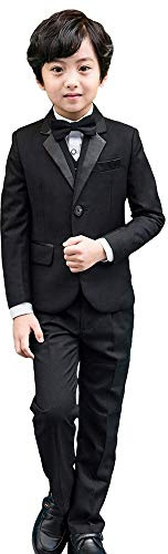 lontakids 5Pcs Boys Suit Black Tuxedo Blazer Vest Bowtie Set Kids Formal Suits for Wedding Party (Black, 5)